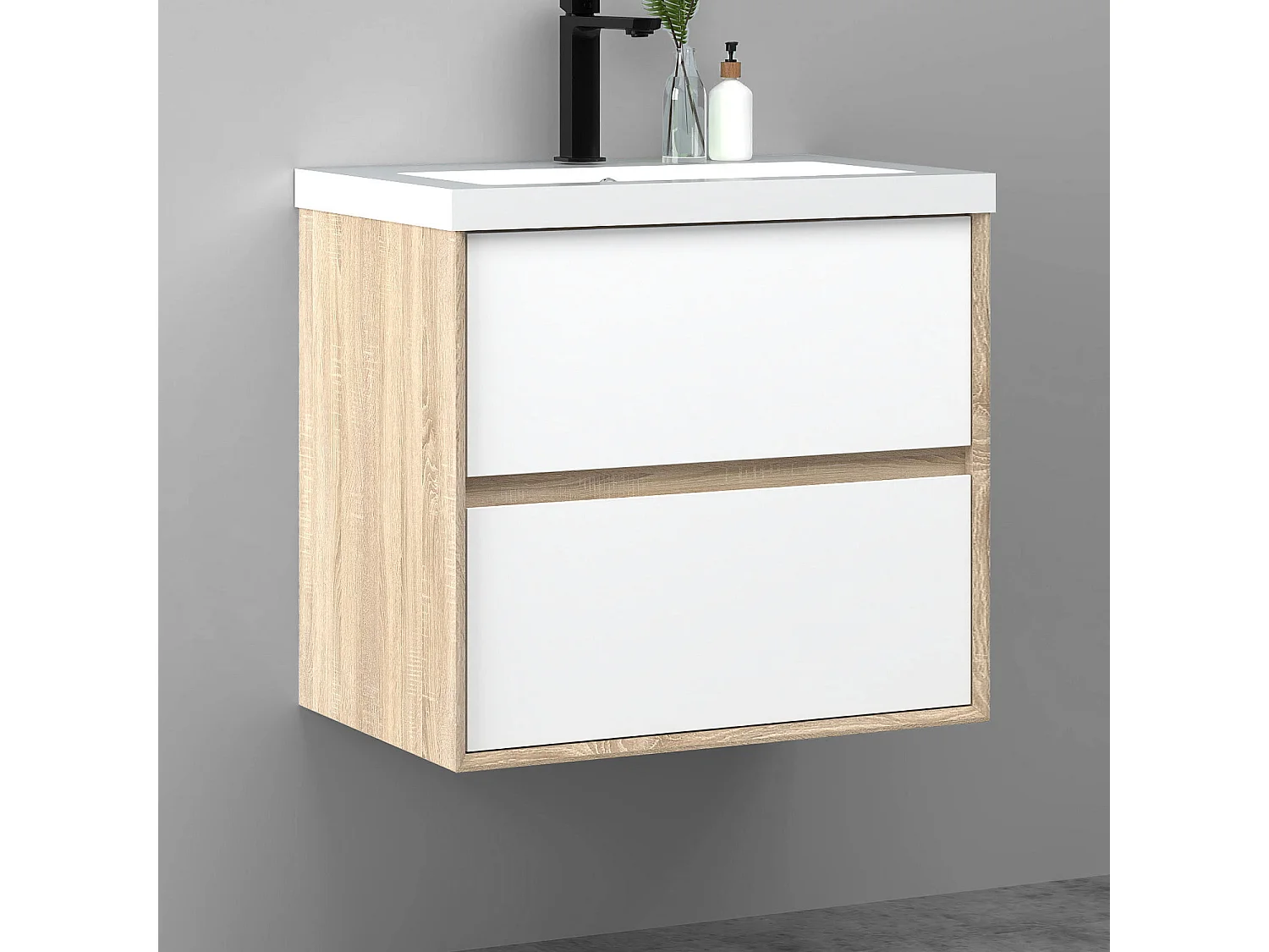 Meuble salle de bain suspendu 60 cm avec vasque + 2 tiroirs, Blanc et Chêne