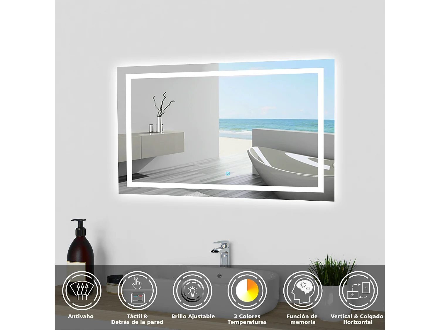 AICA espejo 80 x 60 cm,rectangular,con función antivaho,con luz de 3 colores,brillo ajustable,función de memoria agapada