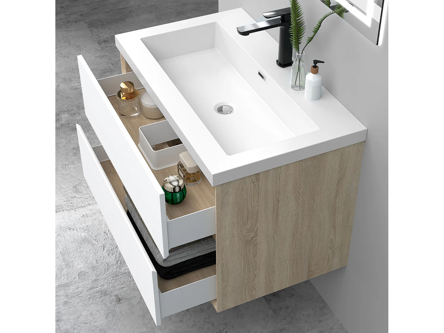 Meuble salle de bain suspendu 80 cm Blanc et Chêne, 2 tiroirs + vasque inclus