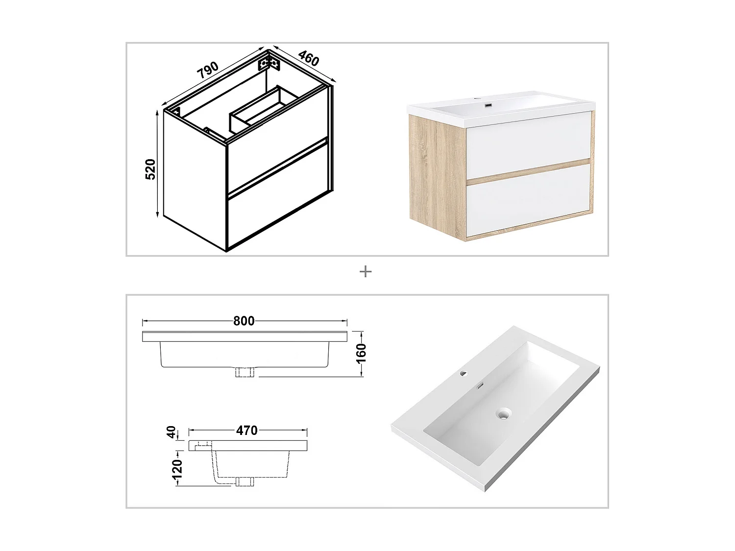 Meuble salle de bain suspendu 80 cm Blanc et Chêne, 2 tiroirs + vasque inclus