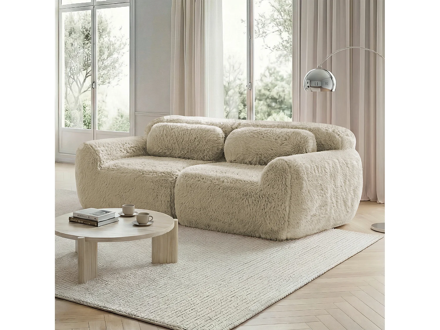 Modulaire frameloze tweepersoonsbank in luxe stof met kussens – Licht kaki kleur