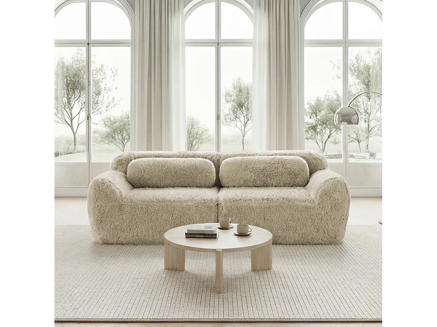 Modulaire frameloze tweepersoonsbank in luxe stof met kussens – Licht kaki kleur