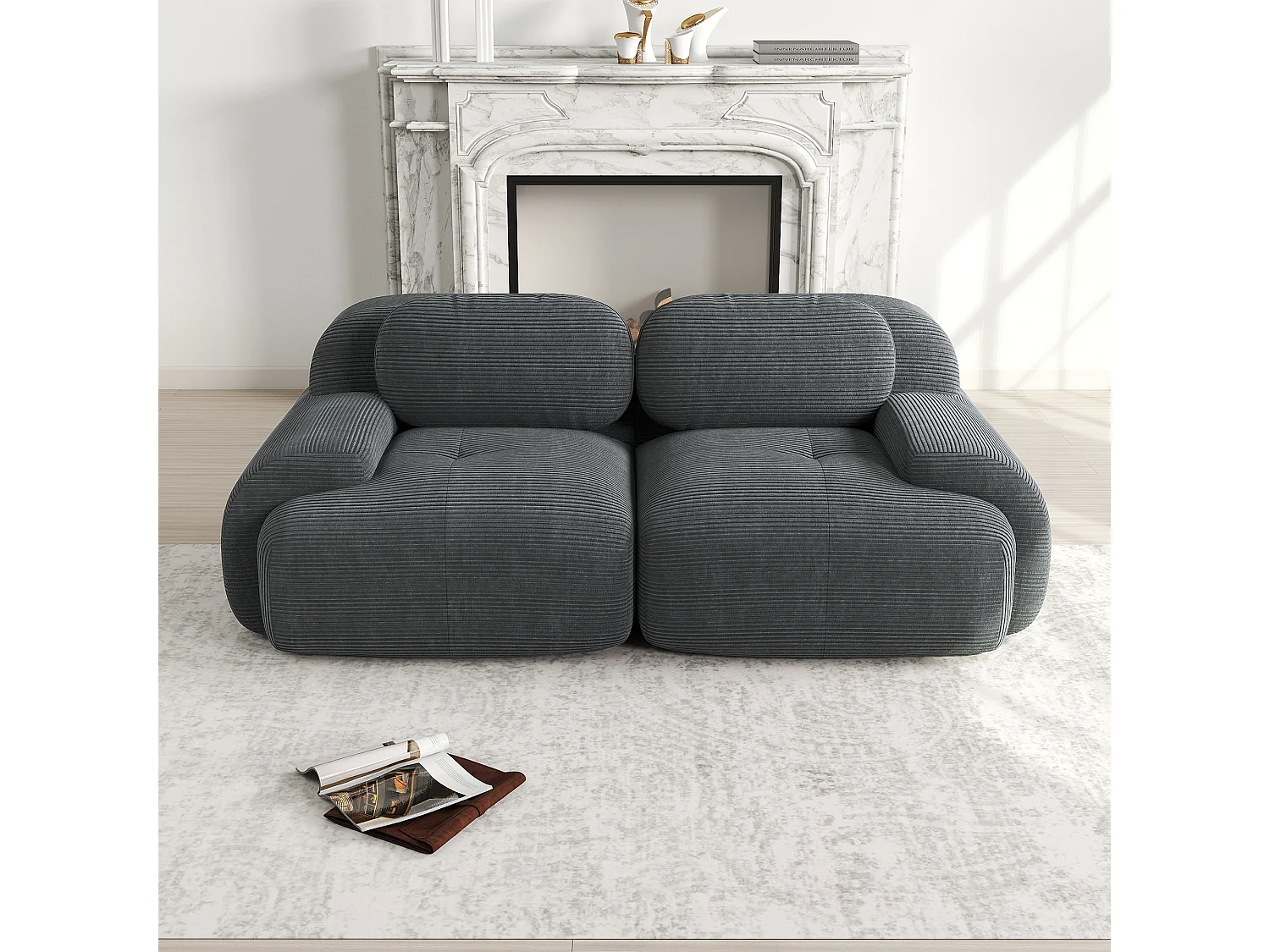 Canapé loveseat 82'' modulable en velours côtelé avec accoudoirs arrondis Gris