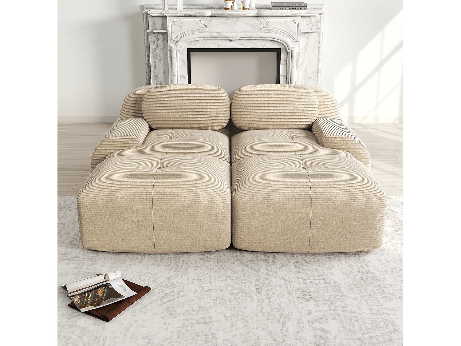 Divano componibile a 2 posti con chaise longue in velluto a coste beige