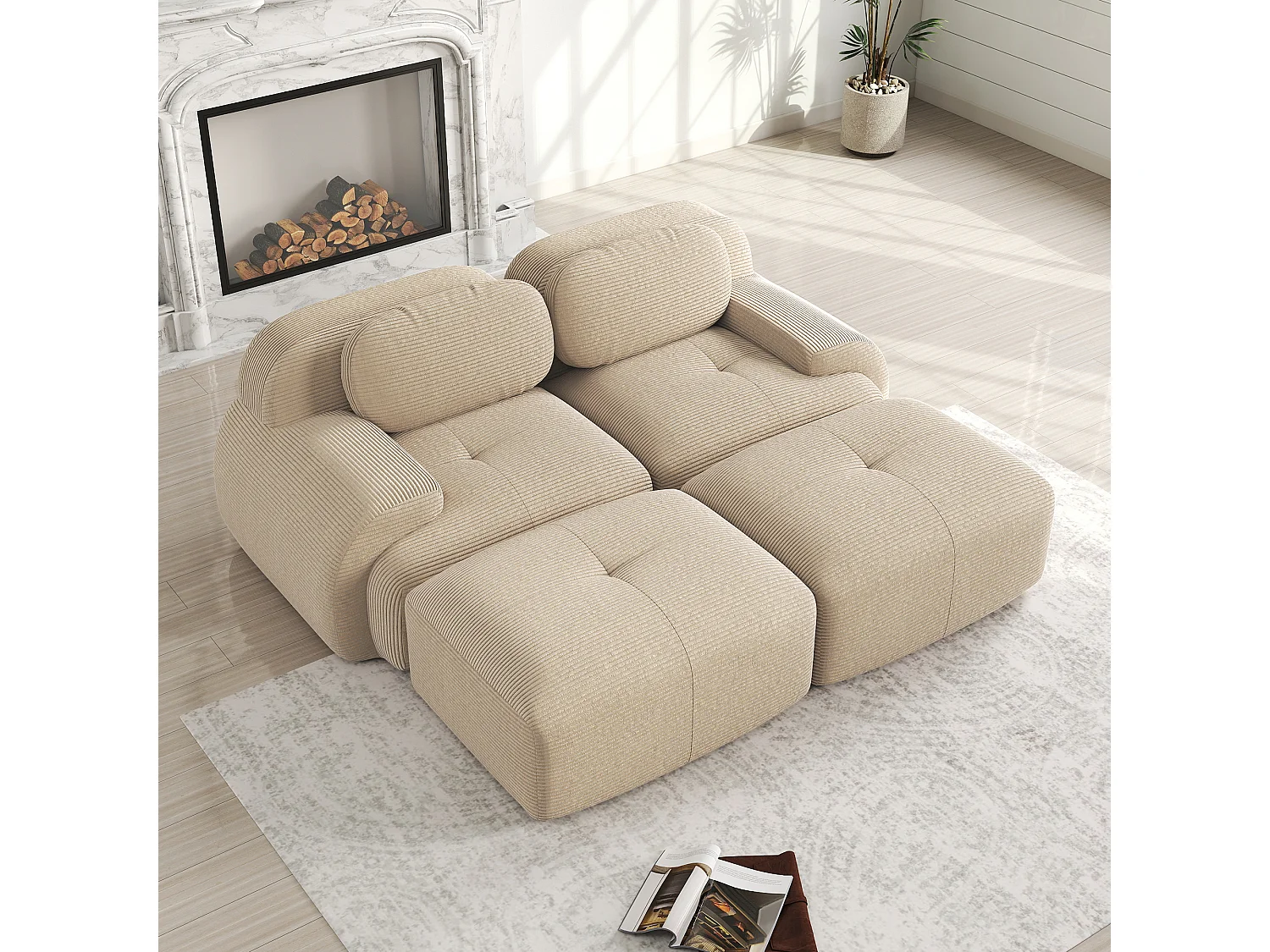 Divano componibile a 2 posti con chaise longue in velluto a coste beige