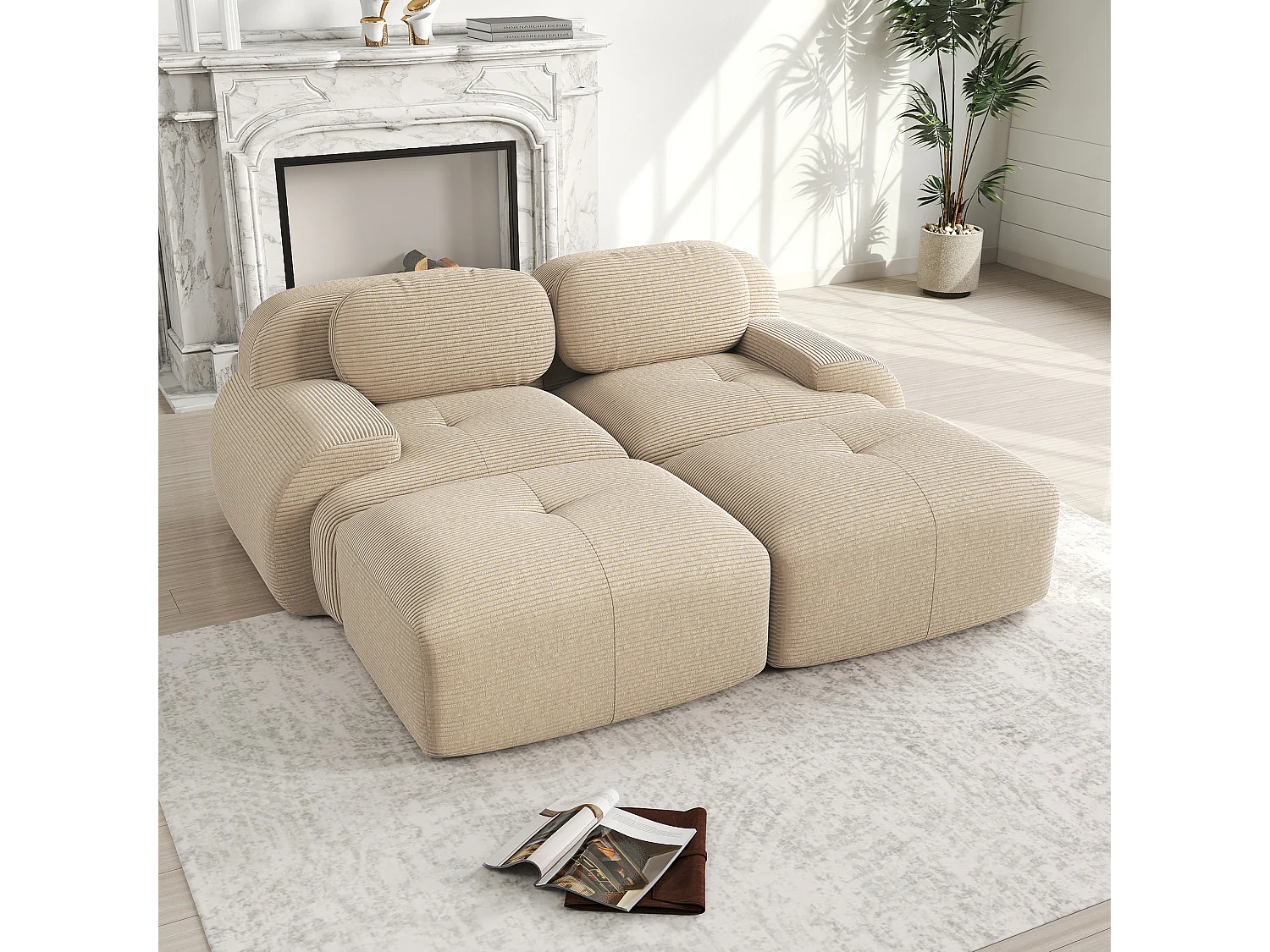 Divano componibile a 2 posti con chaise longue in velluto a coste beige