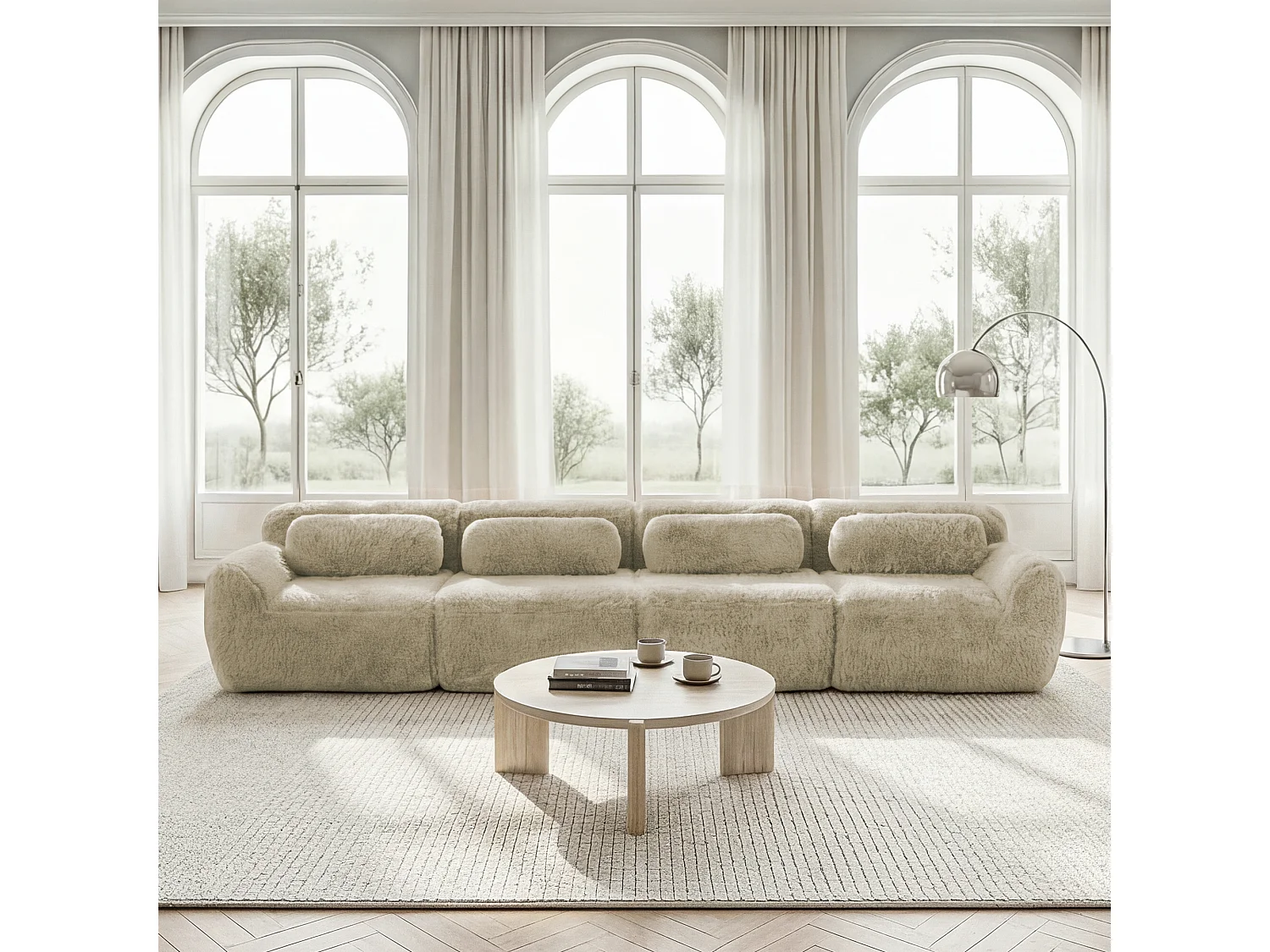 Modulaire 4-zitsbank in hoogwaardige pluche stof met kussens en antislipvoet – Licht kaki kleur