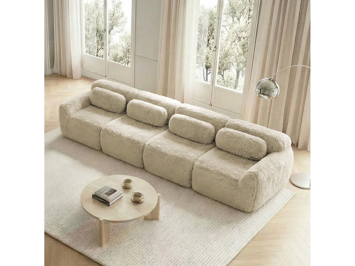 Modulaire 4-zitsbank in hoogwaardige pluche stof met kussens en antislipvoet – Licht kaki kleur