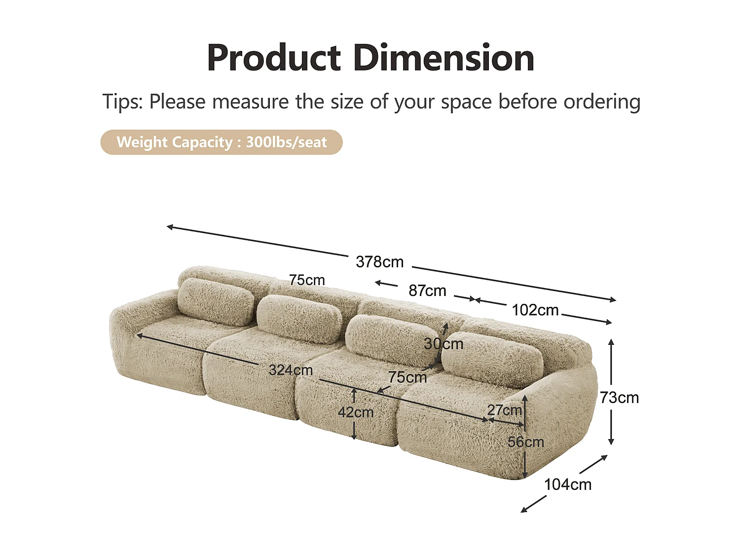 Modulaire 4-zitsbank in hoogwaardige pluche stof met kussens en antislipvoet – Licht kaki kleur