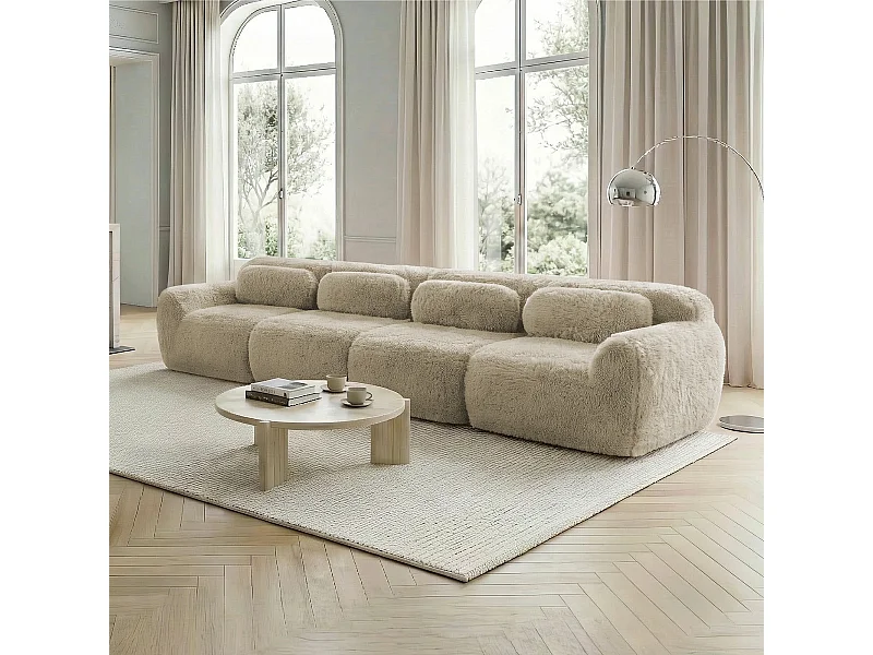 Modulaire 4-zitsbank in hoogwaardige pluche stof met kussens en antislipvoet – Licht kaki kleur