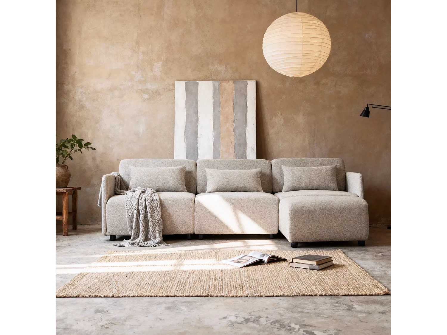 Canapé modulable 3 places avec ottoman MIA en tissu beige