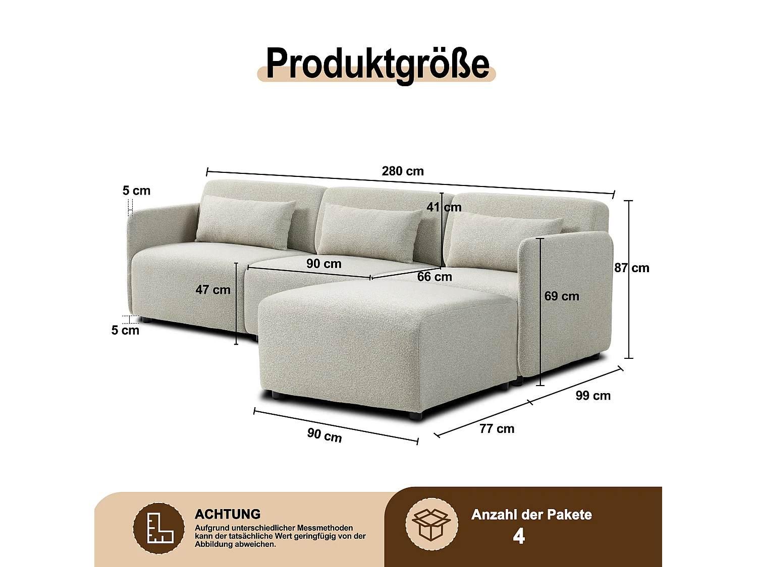 Canapé modulable 3 places avec ottoman MIA en tissu beige