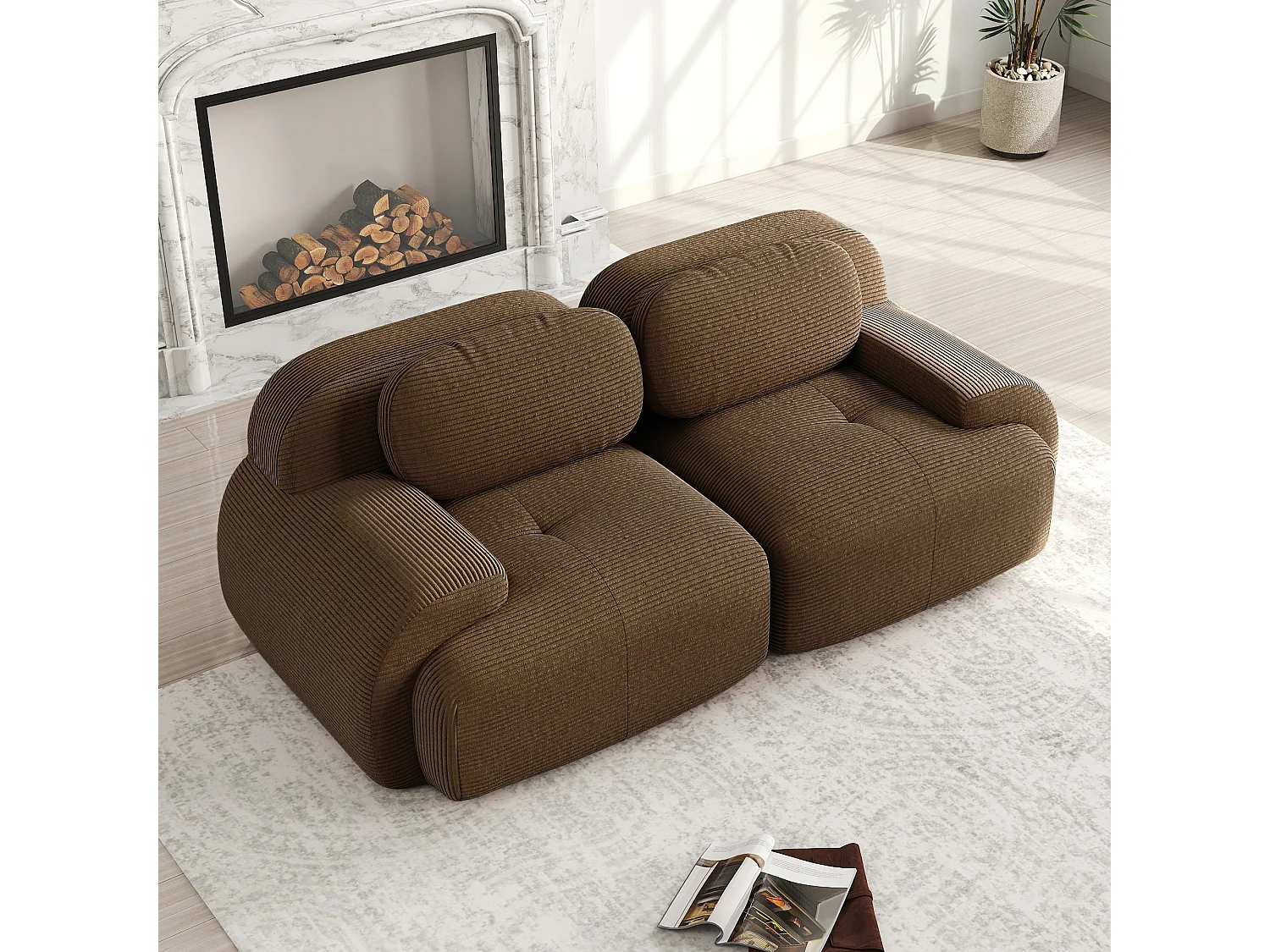 82 inch modulaire tweezitsbank in corduroy met afgeronde bruine armleuningen