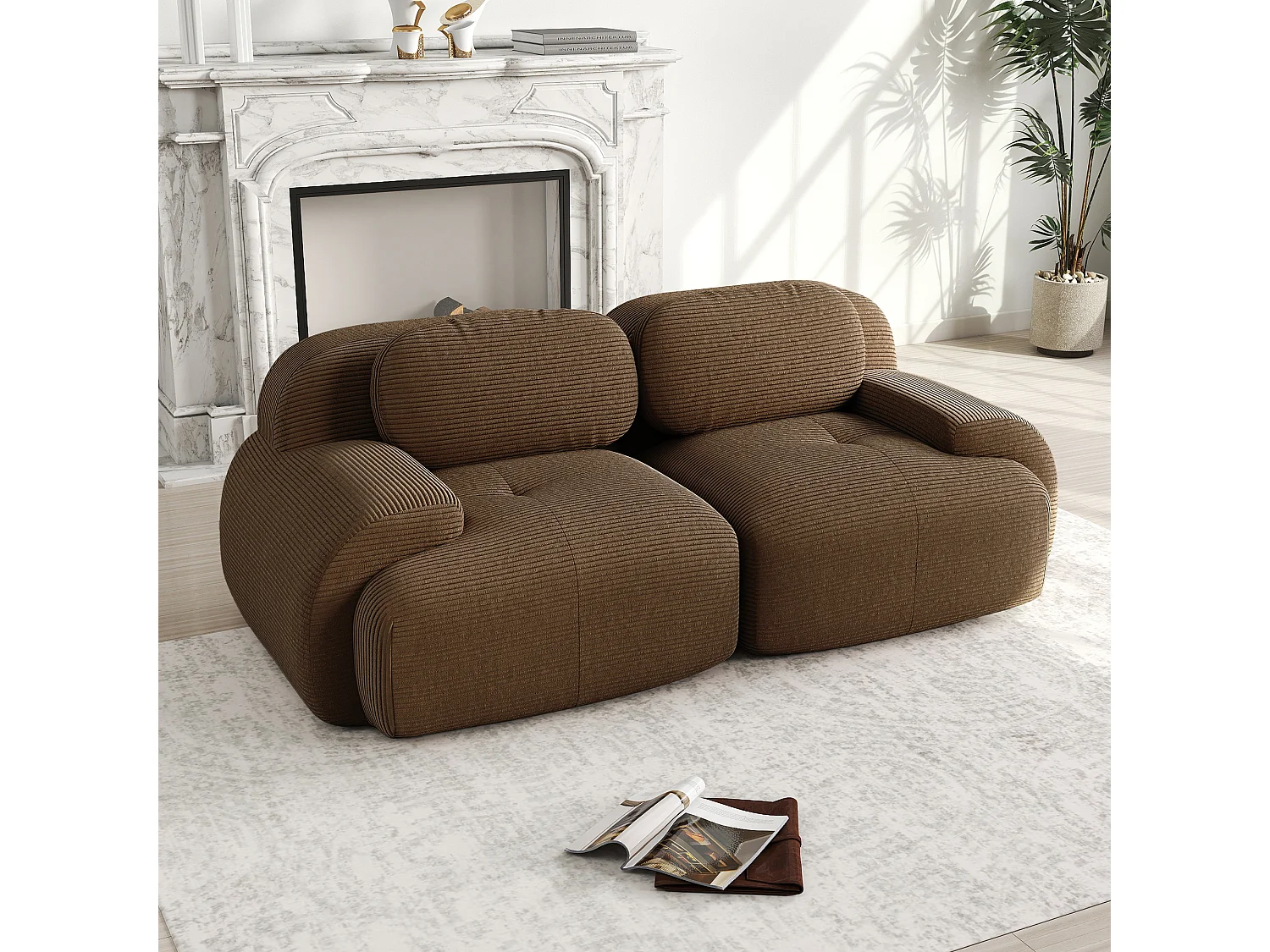 Canapé loveseat 82'' modulable en velours côtelé avec accoudoirs arrondis marron