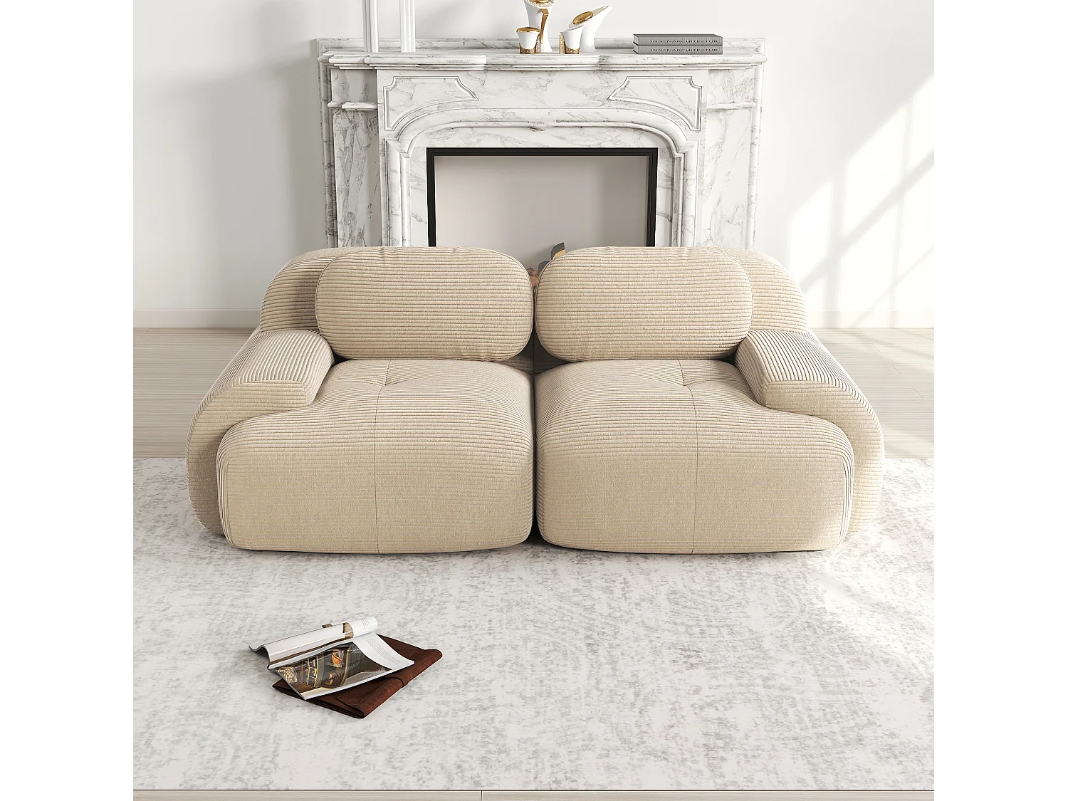 Canapé loveseat 82'' modulable en velours côtelé avec accoudoirs arrondis Beige