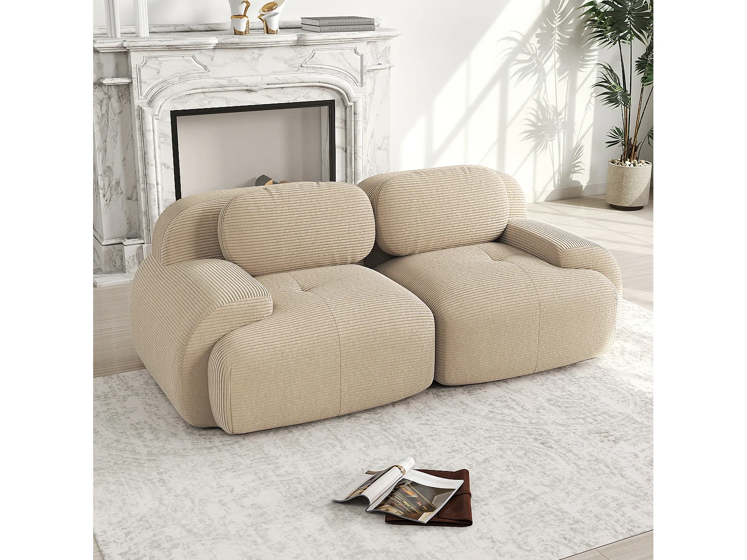 Canapé loveseat 82'' modulable en velours côtelé avec accoudoirs arrondis Beige