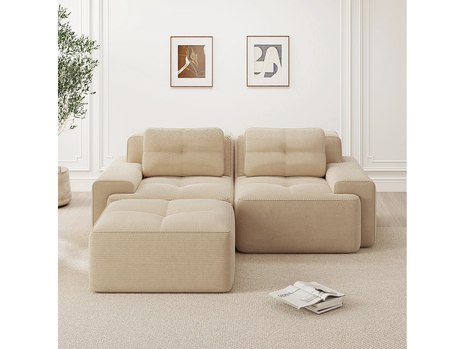 Canapé modulable d’angle sans structure en velours côtelé Beige