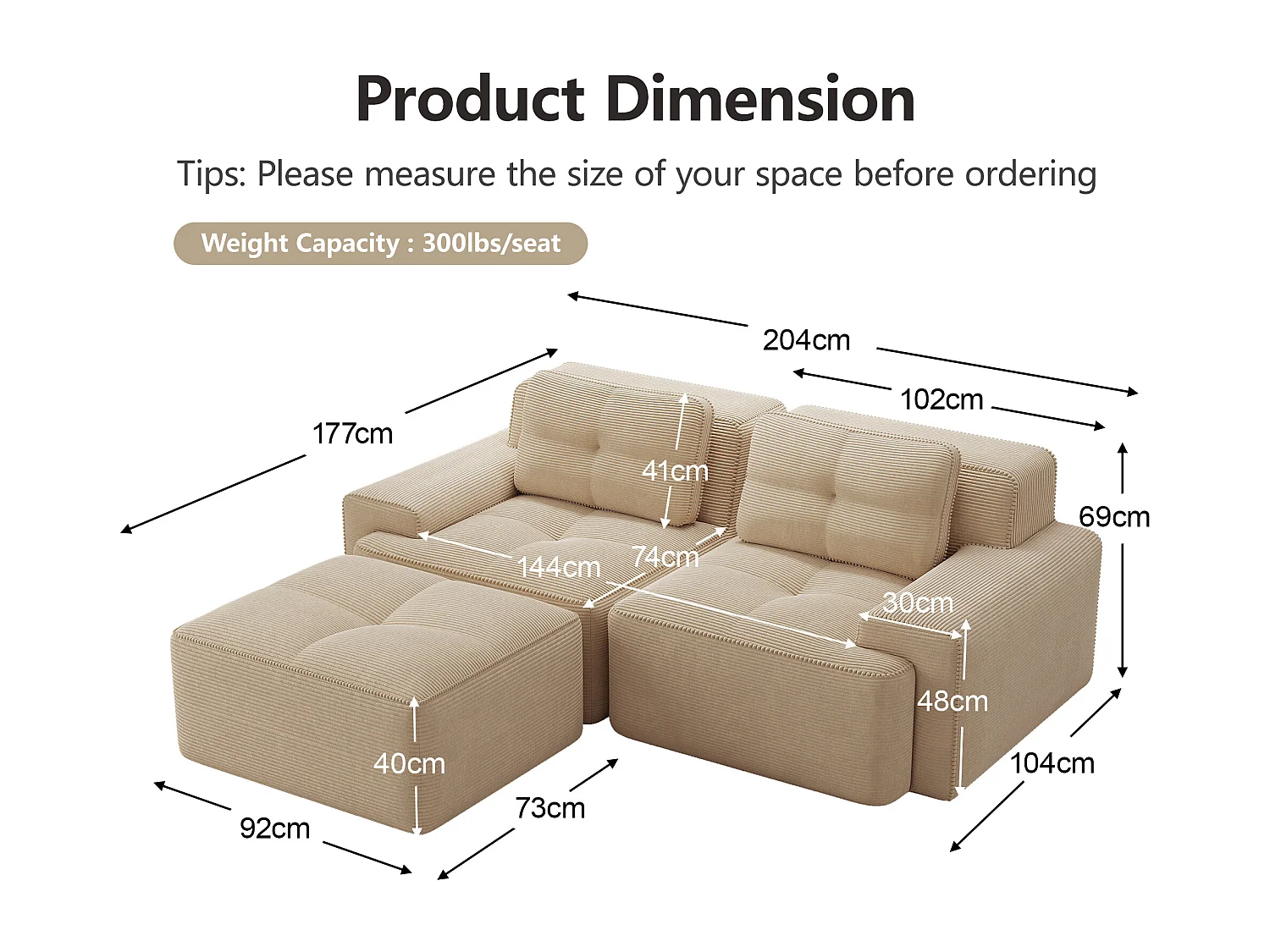 Canapé modulable d’angle sans structure en velours côtelé Beige