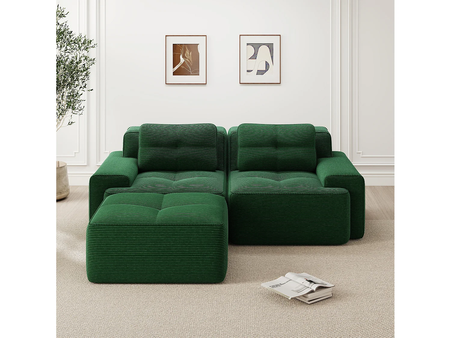 Modulaire hoekbank zonder frame in groen corduroy.