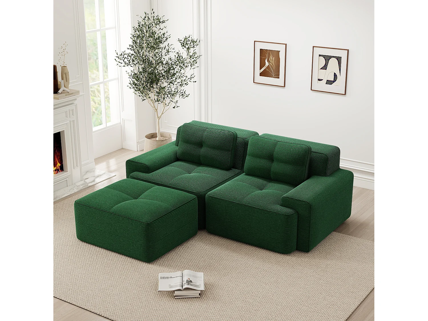 Modulaire hoekbank zonder frame in groen corduroy.