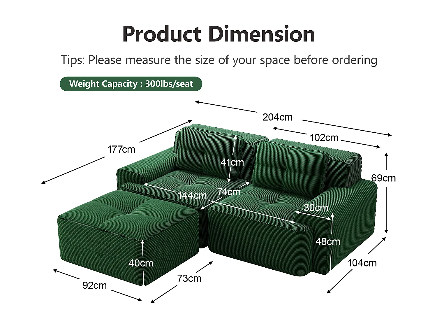 Modulaire hoekbank zonder frame in groen corduroy.