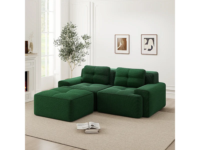 Modulaire hoekbank zonder frame in groen corduroy.