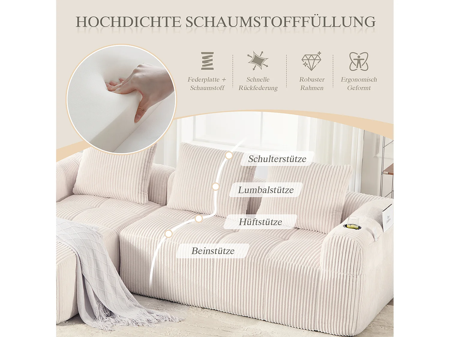 Divano modulare compatto in velluto a coste con tasche laterali e cuscini beige