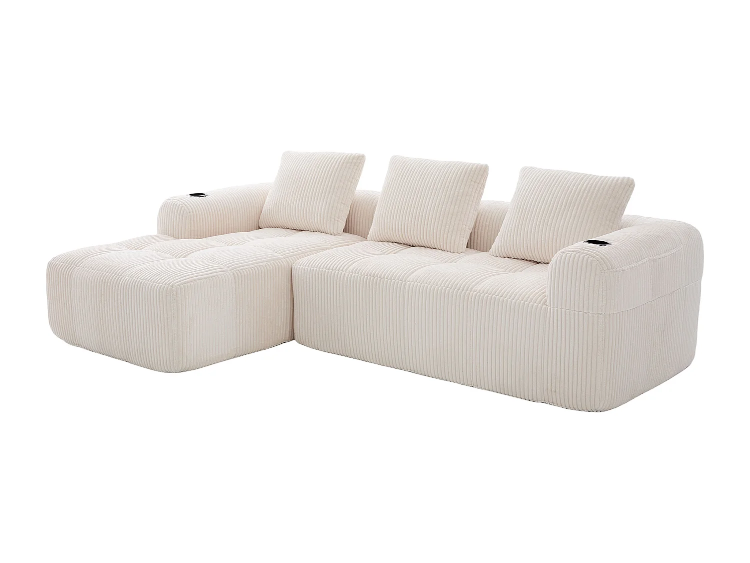 Divano modulare compatto in velluto a coste con tasche laterali e cuscini beige