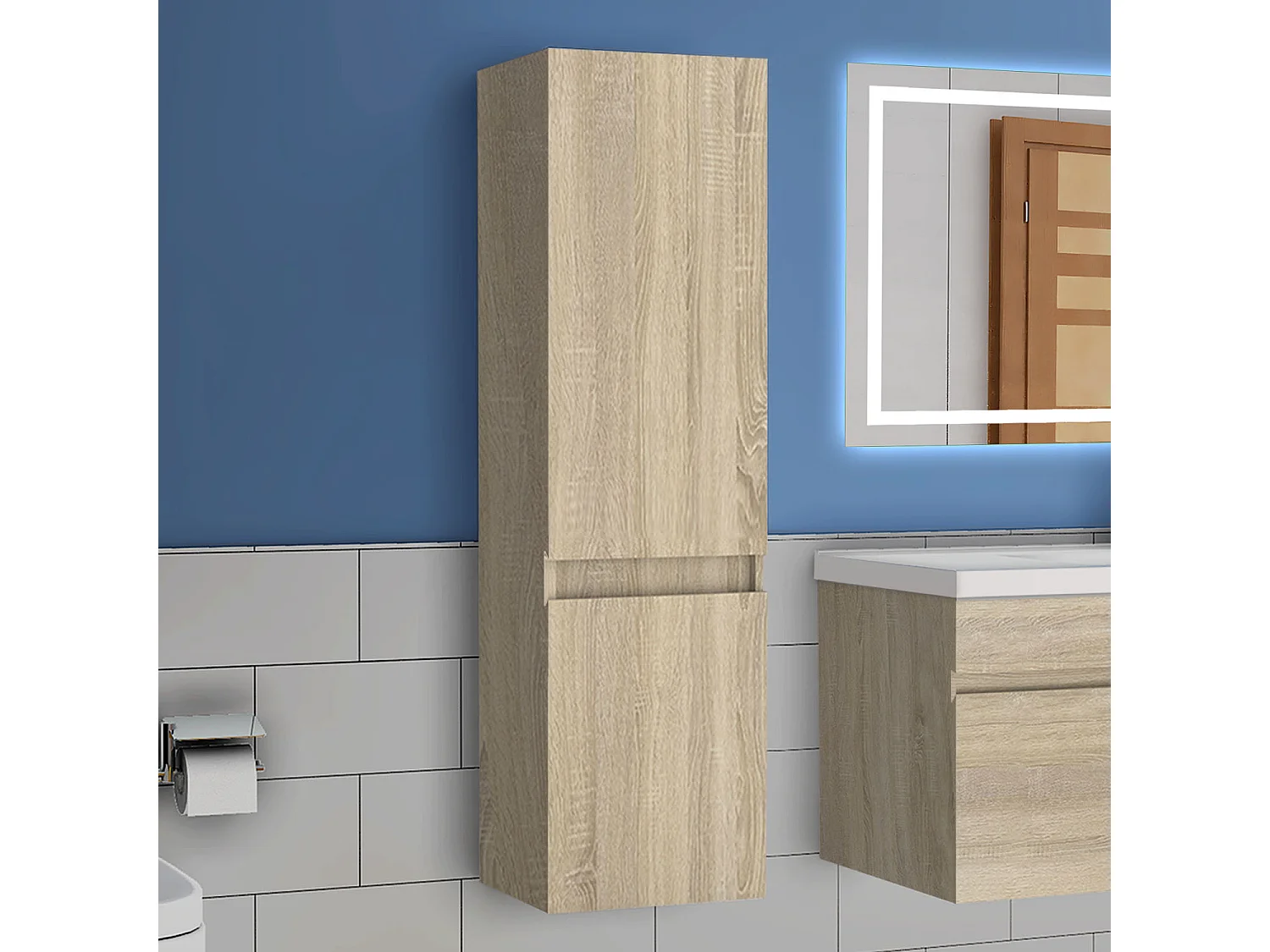 AICA Armario auxiliar  Armario de baño, 30 x 30 x 110 cm, Con compartimento divisorio y amplio espacio de almacenamiento， colgar de pared  color roble