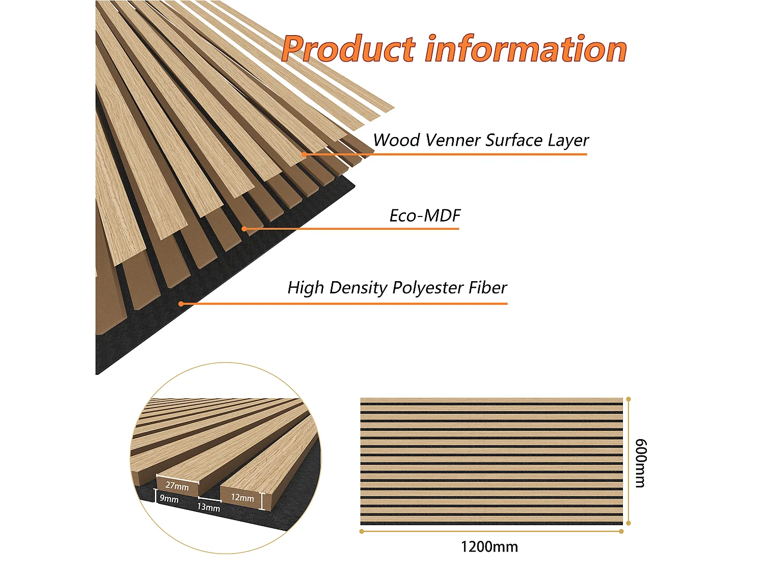 Lot de 2 Panneaux Muraux Décoratifs Acoustiques Bois MDF 120x60cm Chêne clair  AntiBruit, Facile à Poser