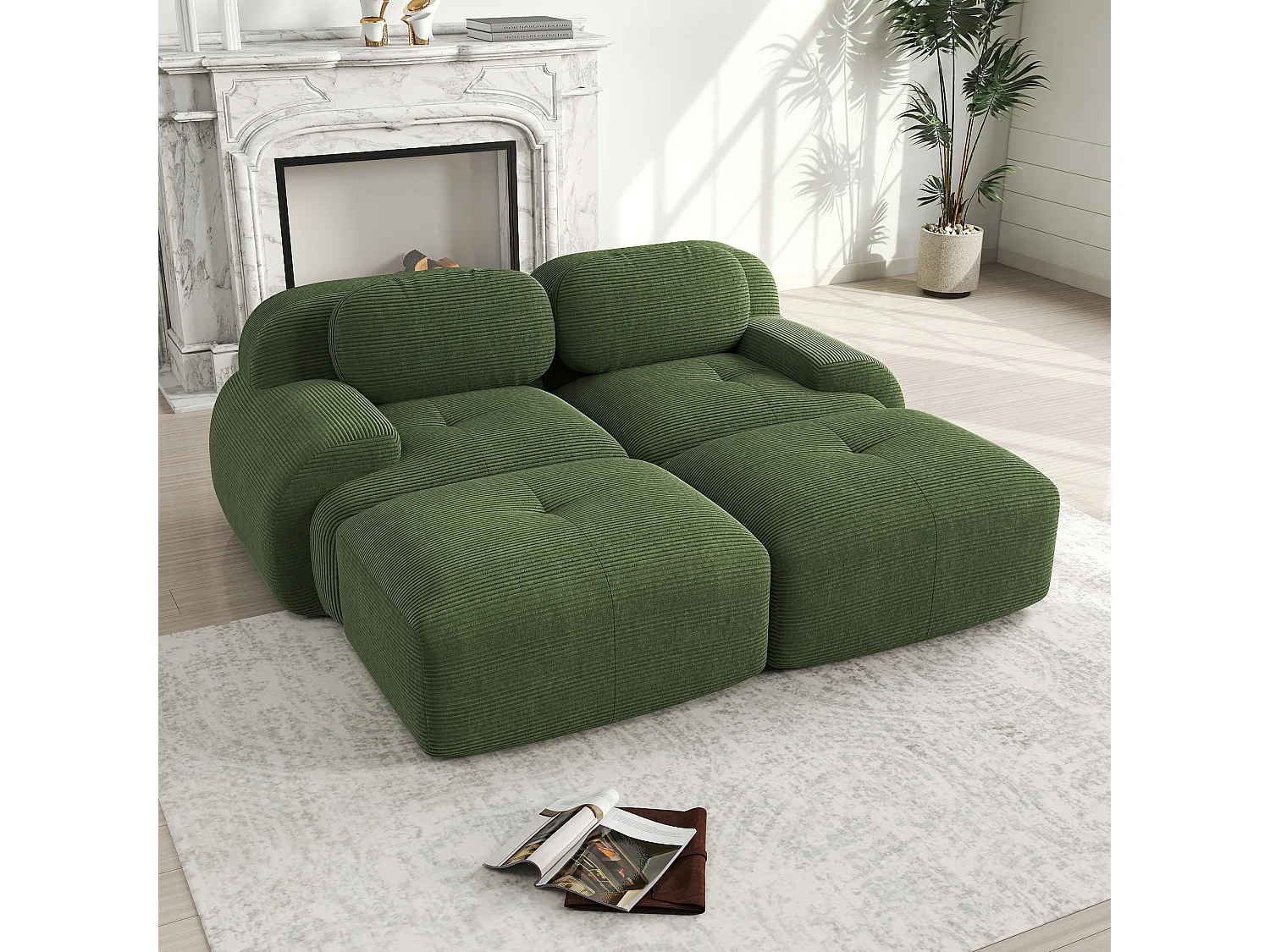 Modulaire 2-zitsbank met chaise longue in groen corduroy.