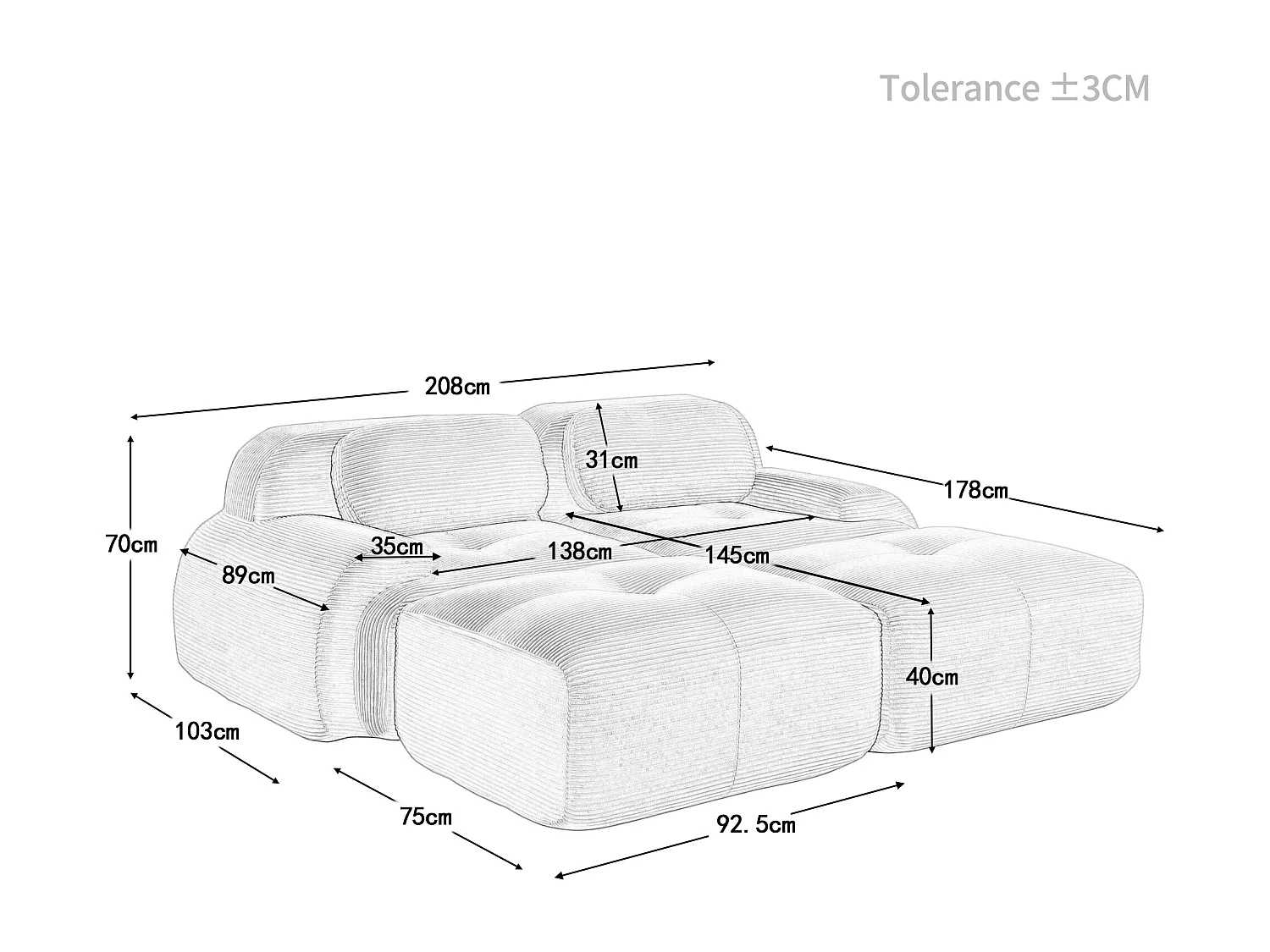 Modulaire 2-zitsbank met chaise longue in groen corduroy.