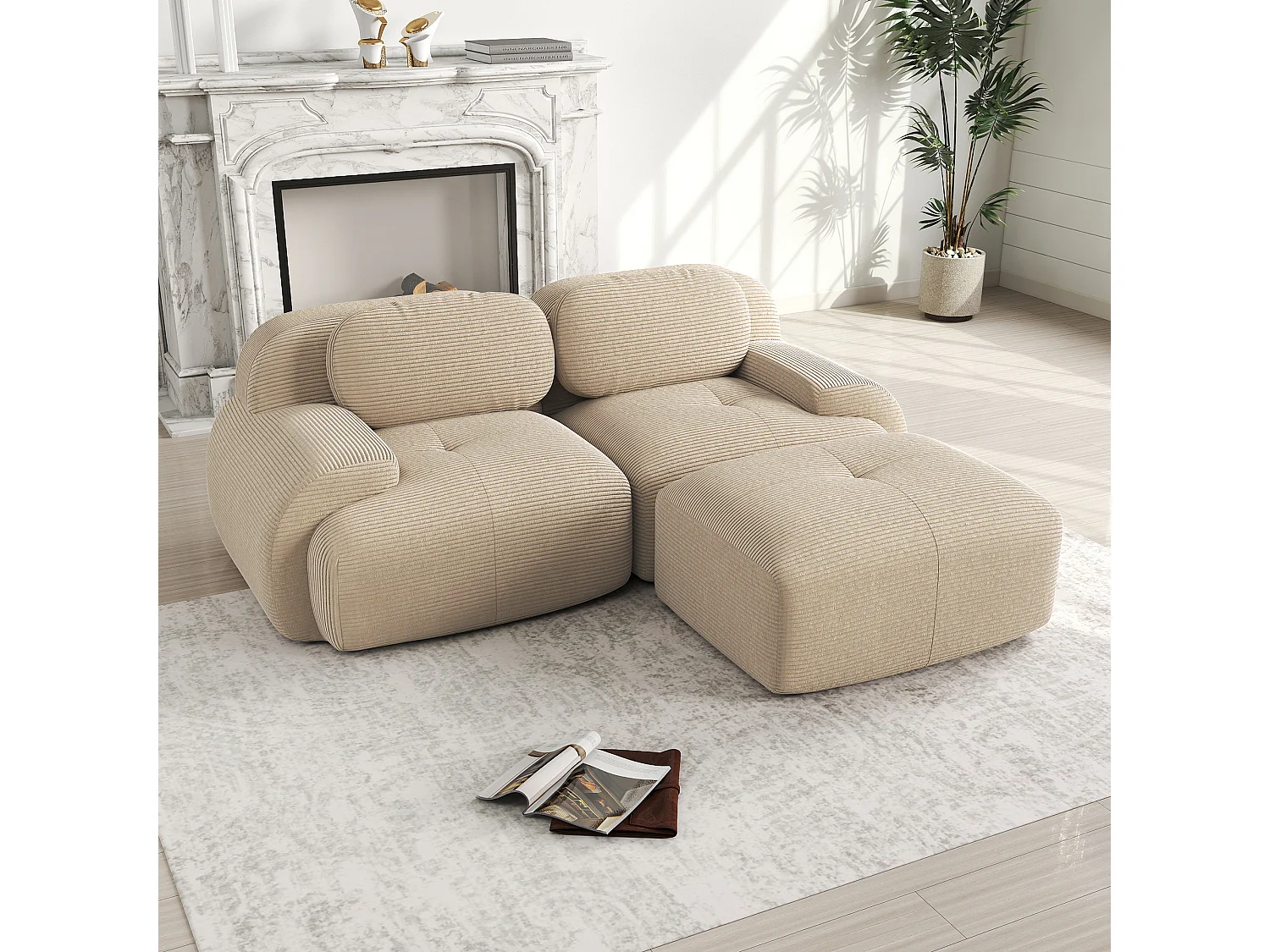 Modulaire hoekbank van 208 cm (82 inch) in corduroy, geen montage nodig, beige