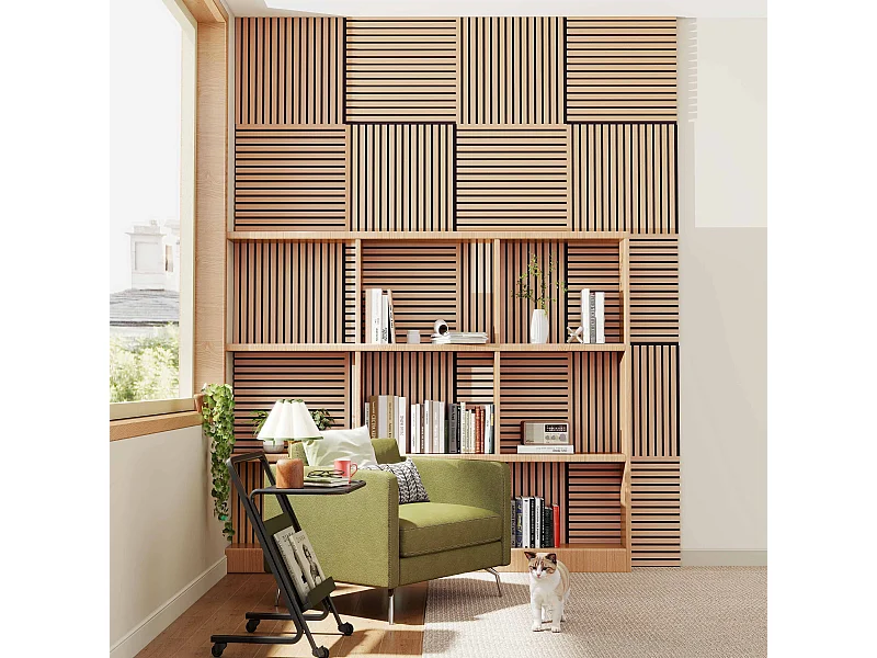 Lot de 4 Panneaux Muraux Décoratifs Acoustiques Bois MDF 60x60cm  Chêne foncé  AntiBruit, Facile à Poser