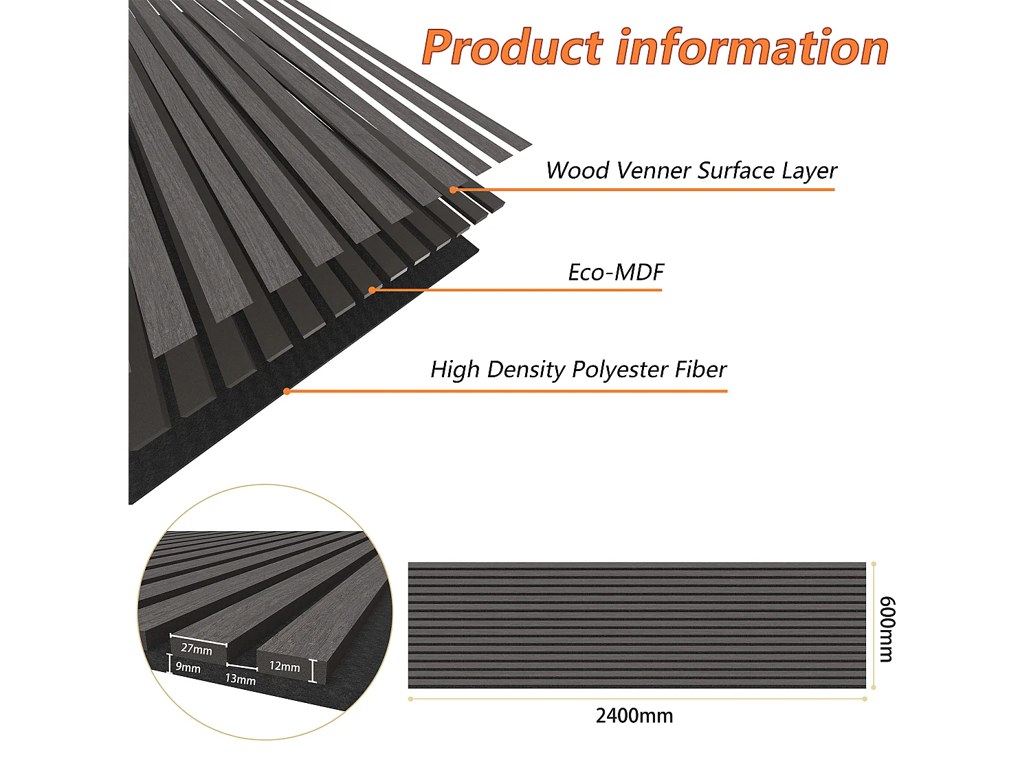 Lot de 3 Panneaux Muraux Décoratifs Acoustiques Bois MDF 240x60cm Chêne noir  AntiBruit, Facile à Poser