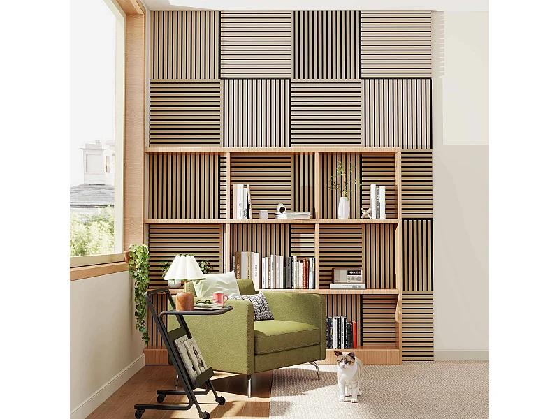 Lot de 4 Panneaux Muraux Décoratifs Acoustiques Bois MDF 60x60cm  Chêne clair  AntiBruit, Facile à Poser