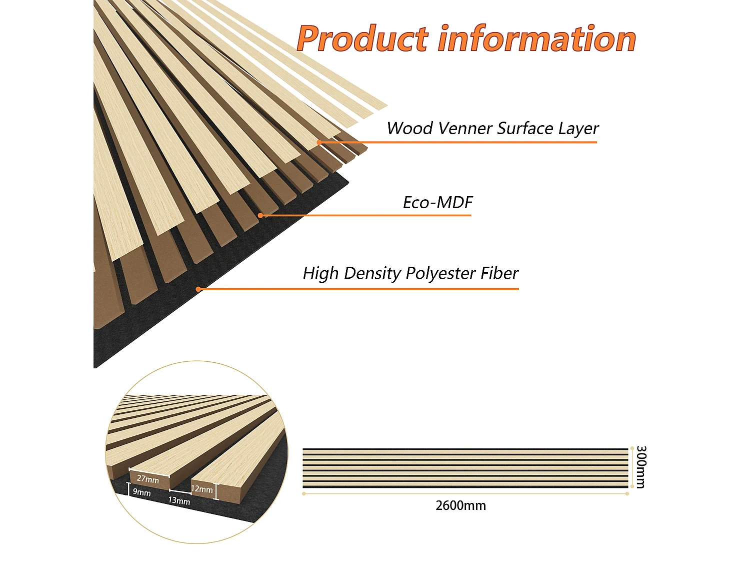 Lot de 2 Panneaux Muraux Décoratifs Acoustiques Bois MDF 260x30cm Chêne noi  AntiBruit, Facile à Poser