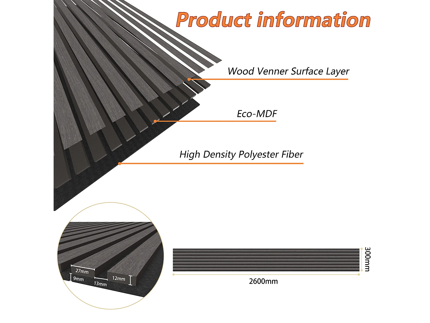 Lot de 2 Panneaux Muraux Décoratifs Acoustiques Bois MDF 260x30cm Chêne noir  AntiBruit, Facile à Poser