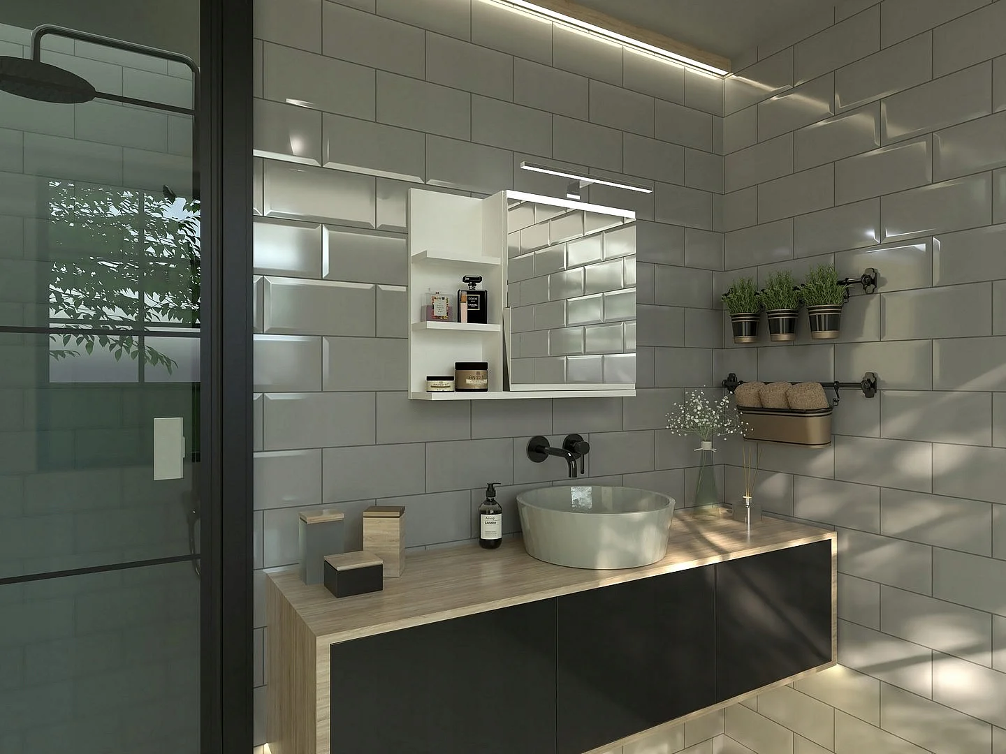 Meuble de salle de bain de 60x50 cm avec miroir gauche et éclairage LED