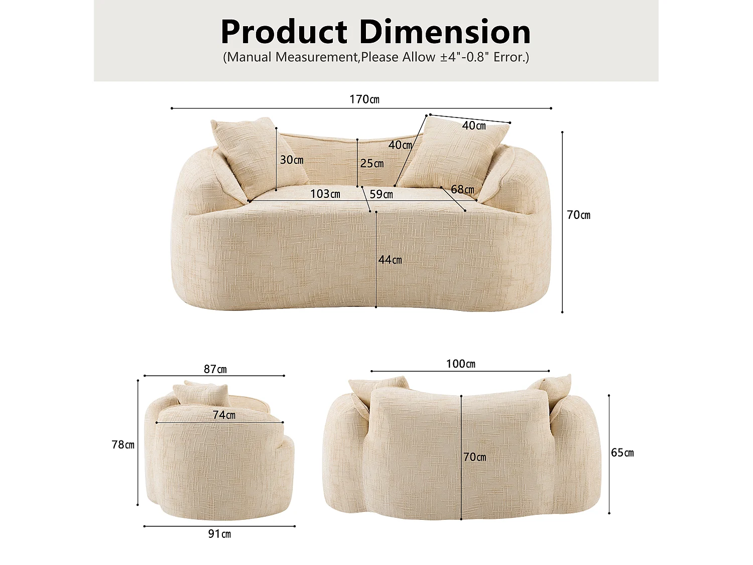 Sofá compacto de 2 lugares com apoios de braço e almofadas bege.