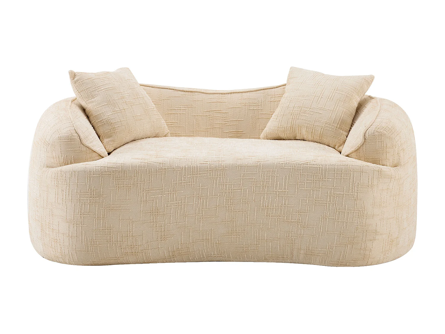 Sofá compacto de 2 lugares com apoios de braço e almofadas bege.