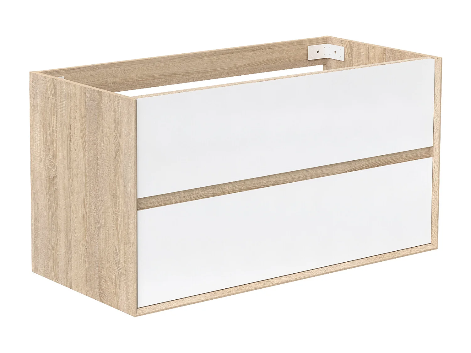 Meuble sous vasque suspendu 100 cm + 2 tiroirs, Blanc et Chêne, sans compter lavabo