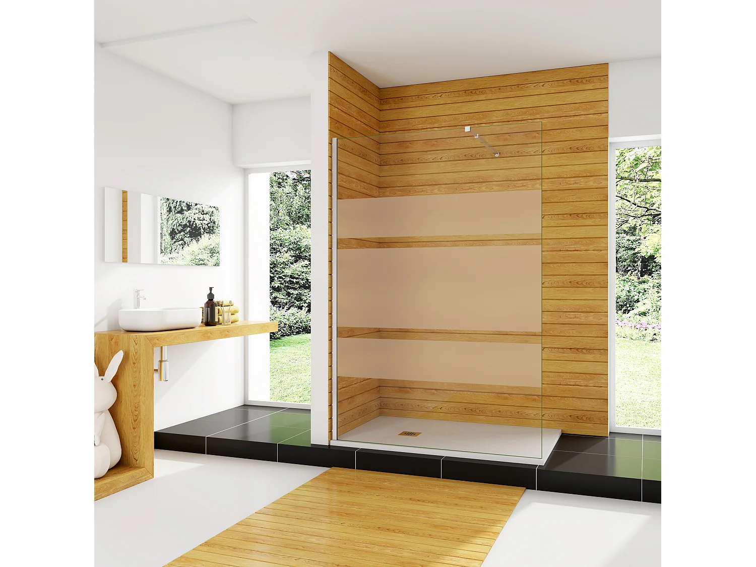AICA paroi de douche à l’italienne fixe 110x190cm, style bandes horizontales, en 11mm verre anticalcaire, livré avec barre de stabilisation extensible