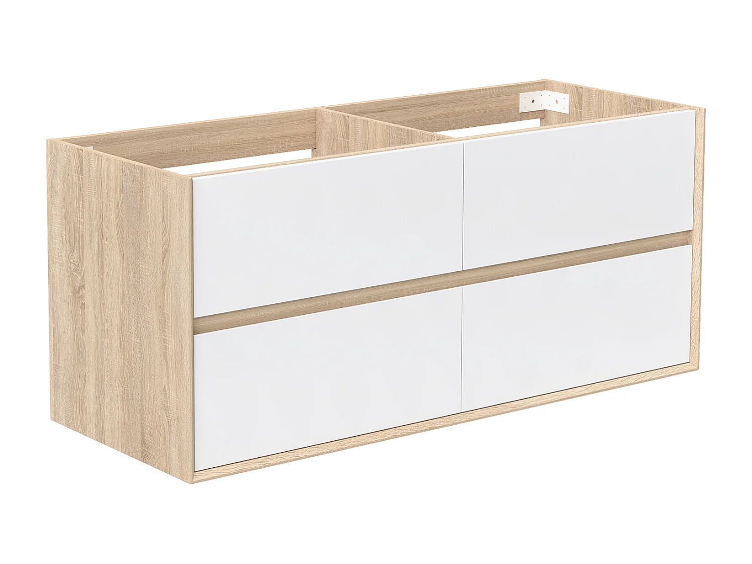 Meuble sous vasque suspendu 120 cm + 4 tiroirs, Blanc et Chêne, sans compter lavabo