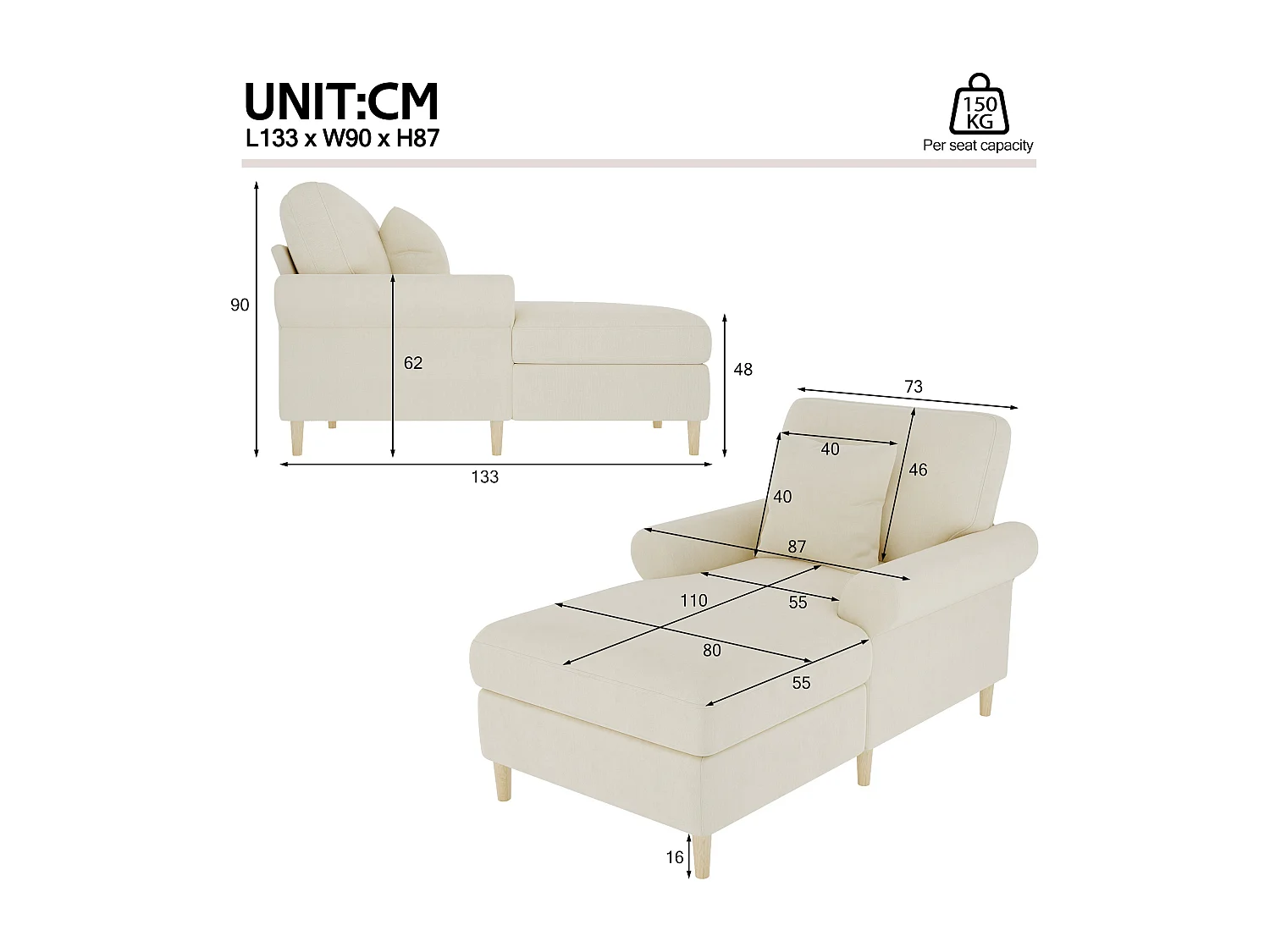Fauteuil convertible rembourré avec fonction couchage en tissu velours beige