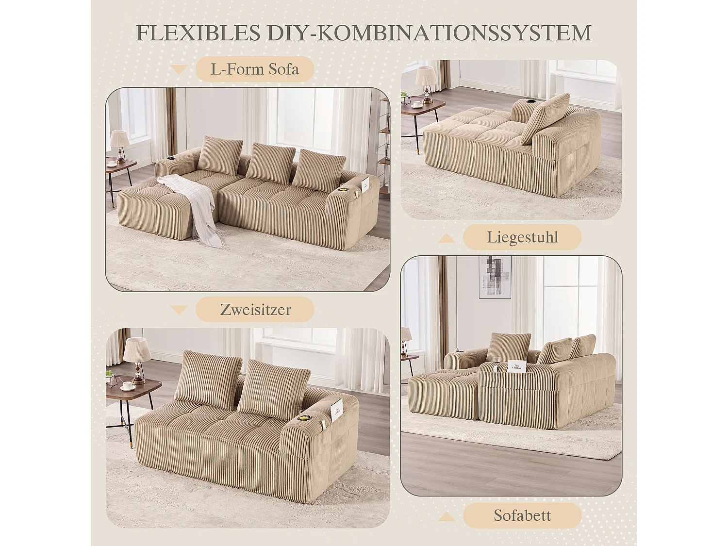 Compacte modulaire bank van corduroy met zijvakken en kussens, kaki