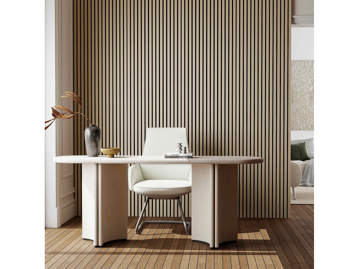 Lot de 2 Panneaux Muraux Décoratifs Acoustiques Bois MDF 260x30cm Chêne blanc  AntiBruit, Facile à Poser