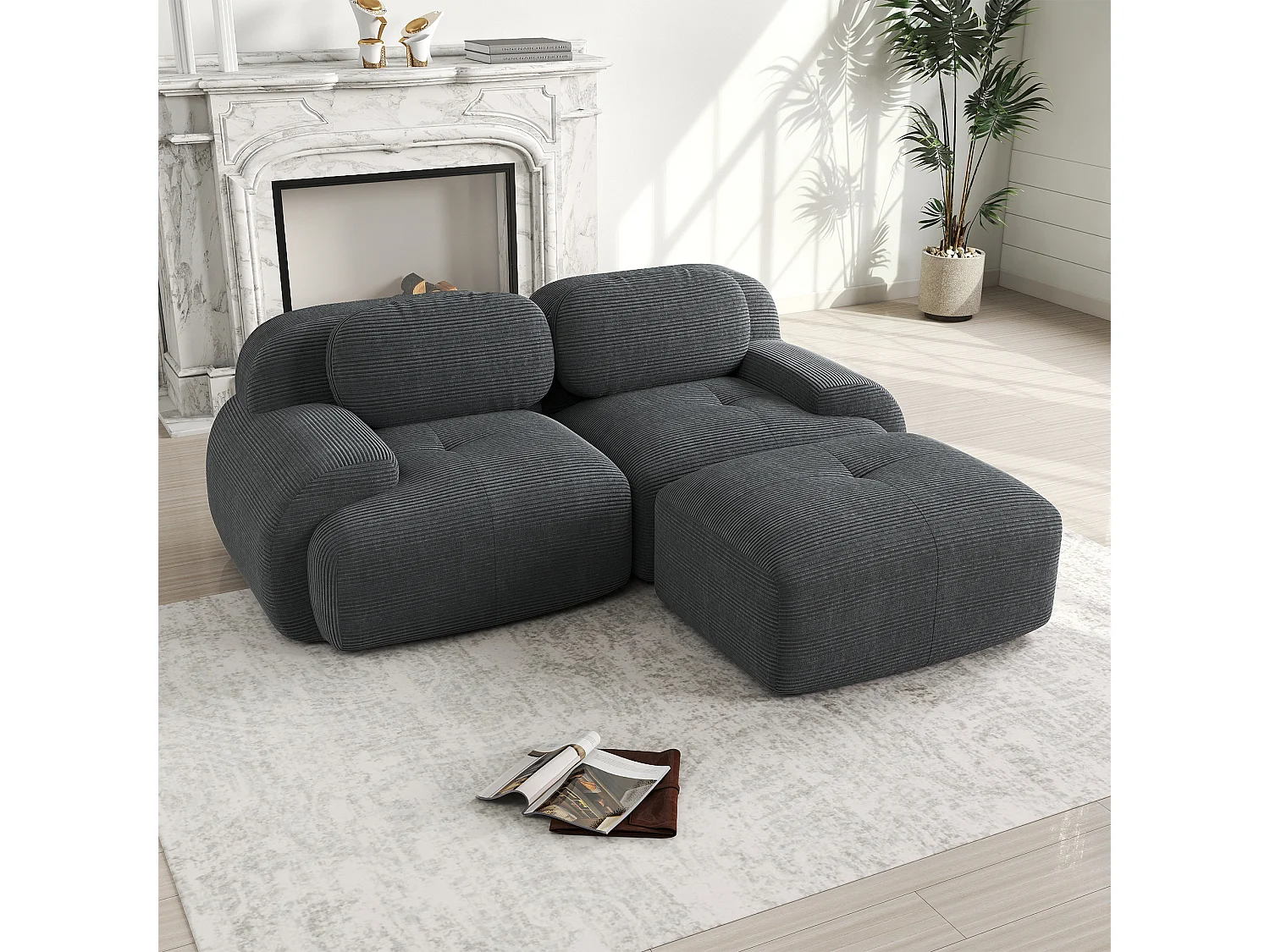 Canapé d’angle 82'' modulable en velours côtelé sans montage Gris