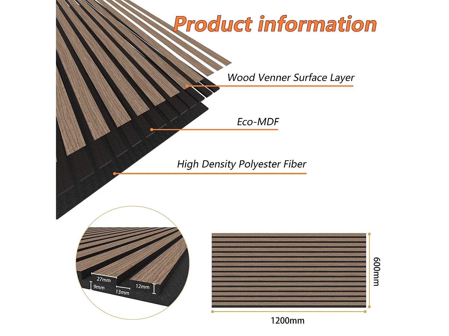 Lot de 2 Panneaux Muraux Décoratifs Acoustiques Bois MDF 120x60cm Noyer  AntiBruit, Facile à Poser
