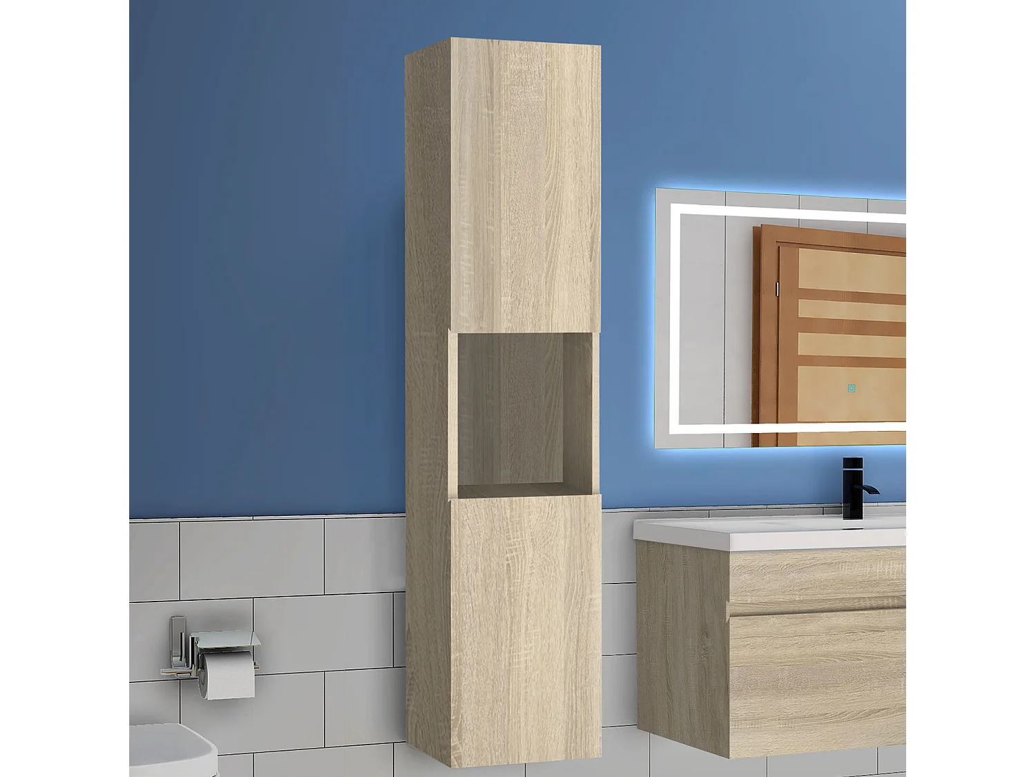 AICA Armario auxiliar  Armario de baño, 30 x 30 x 131.5 cm, Con compartimento divisorio y amplio espacio de almacenamiento， colgar de pared  color roble